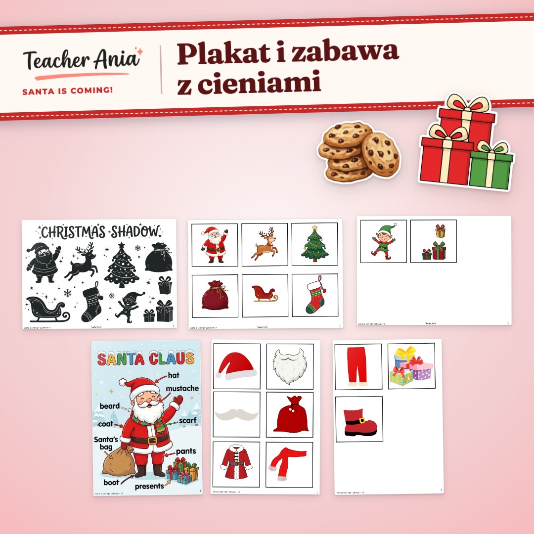 Santa is coming! – scenariusz zajęć – plakat Mikołaja i zabawa z cieniami